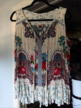 Bila Cream Sleeveless Boho Top with Red & Teal Floral Motif